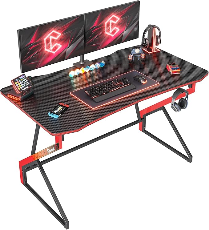 CubiCubi Simple Gaming Desk Z Shaped 47 inch Gamer Workstation, Home Computer Carbon Fiber Surface Gaming Desk PC Table with Headphone Hook - LeafyLoom