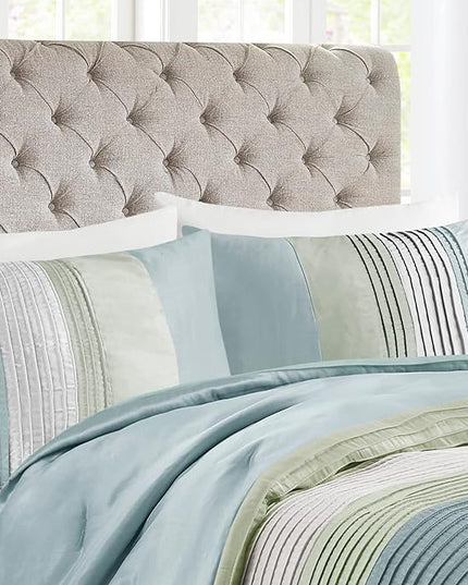 Madison Park Amherst Faux Silk Comforter Set-Casual Contemporary Design All Season Down Alternative Bedding, Matching Shams, Bedskirt, Decorative Pillows, Cal King(104"x92"), Green, 7 Piece (MP10-848) - LeafyLoom