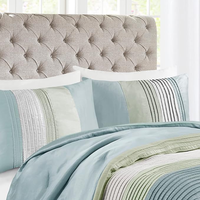 Madison Park Amherst Faux Silk Comforter Set-Casual Contemporary Design All Season Down Alternative Bedding, Matching Shams, Bedskirt, Decorative Pillows, Cal King(104"x92"), Green, 7 Piece (MP10-848) - LeafyLoom