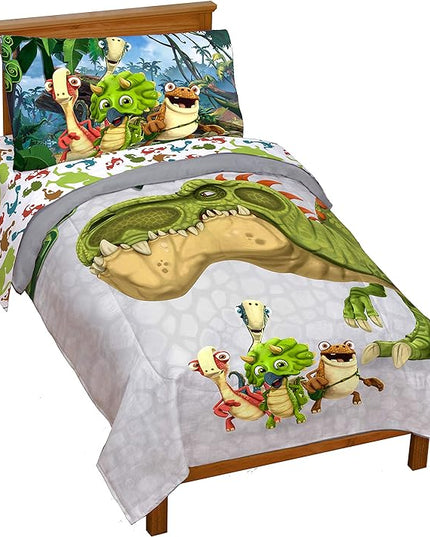 Jay Franco Gigantosaurus 4 Piece Toddler Bed Set – Bed Set includes Toddler Size Comforter & Sheet Set - Bedding Features Dinosaur Rocky, Bill, Tiny, & Mazu (Official Gigantosaurus Product) - LeafyLoom