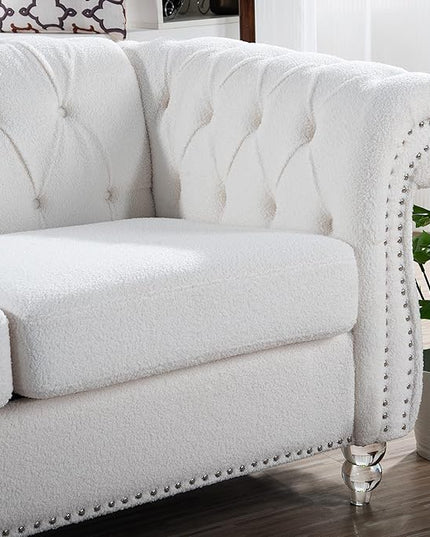 3-Seaters Living Room Clasic Chesterfield Sofa Couch Button Tufted PU Leather Upholstered Sofa&Couch with Luxury Roller Armrest Crystal Legs Movable Cushions & Nailhead Decor - LeafyLoom