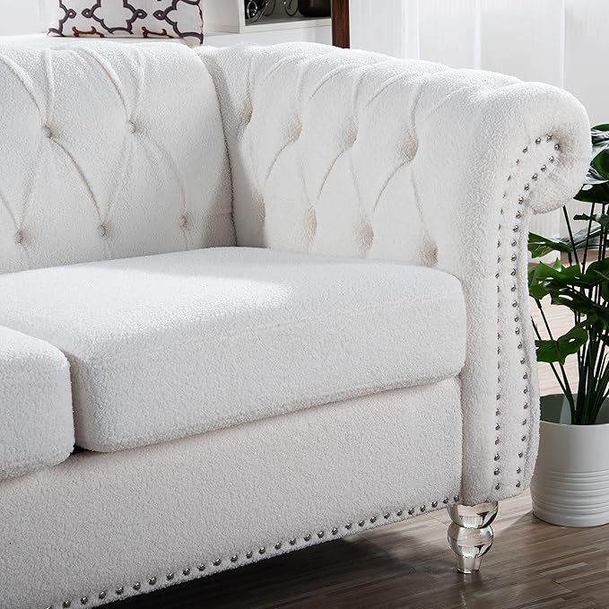 3-Seaters Living Room Clasic Chesterfield Sofa Couch Button Tufted PU Leather Upholstered Sofa&Couch with Luxury Roller Armrest Crystal Legs Movable Cushions & Nailhead Decor - LeafyLoom