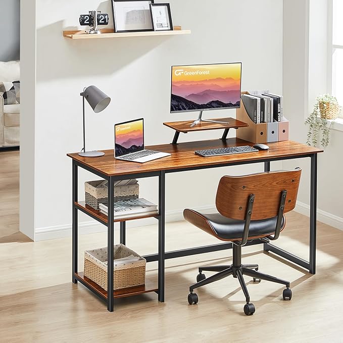GreenForest Computer Desk with Monitor Stand,47 inch Home Office Desk with Reversible Storage Shelves Modern Writing Study Work Table,Easy Assembly,Walnut - LeafyLoom