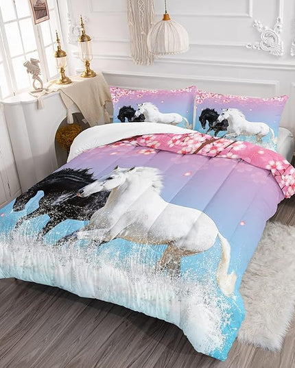 Kid Horse Comforter Set Room Floral Animal Theme Handsome Horse Chic Cherry Blossom Bedding Set 3D Wild Animal Decor Quilt Set for Girls Adult, 1 Comforter + 2 Pillowcases - LeafyLoom