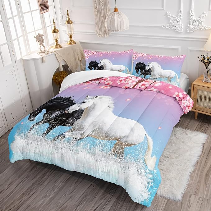 Kid Horse Comforter Set Room Floral Animal Theme Handsome Horse Chic Cherry Blossom Bedding Set 3D Wild Animal Decor Quilt Set for Girls Adult, 1 Comforter + 2 Pillowcases - LeafyLoom