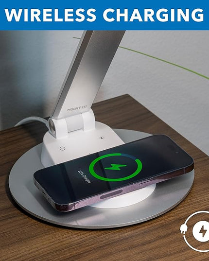 Mount-It! LED Desk Lamp with Wireless Charger and USB-C Charging Port, Dimmable Desk Lamp with 25 Brightness and Color Modes, for Home or Office, Adjustable Arm, Silver/White - LeafyLoom