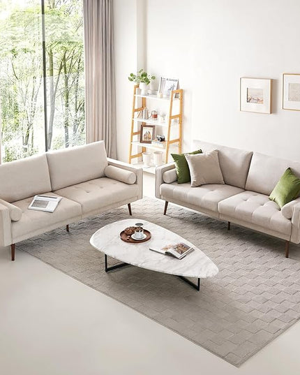 Vonanda Fabric Sofa Couch, Mid-Century 73 Inch 3 Seater Linen Couch with Hand-Stitched Comfort Cushion and Bolster Pillows for Living Room,Elegant Beige - LeafyLoom
