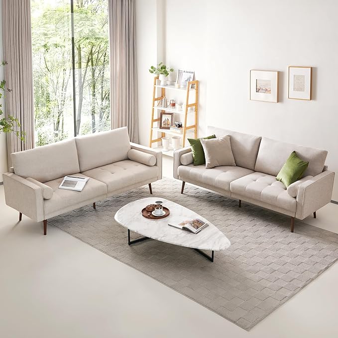 Vonanda Fabric Sofa Couch, Mid-Century 73 Inch 3 Seater Linen Couch with Hand-Stitched Comfort Cushion and Bolster Pillows for Living Room,Elegant Beige - LeafyLoom
