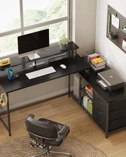 Seventable L Shaped Computer Desk with Drawers, Reversible Gaming Desk with LED Lights & Charging Port, Corner Desk with Storage Shelves & Monitor Stand for Home Office Black - LeafyLoom