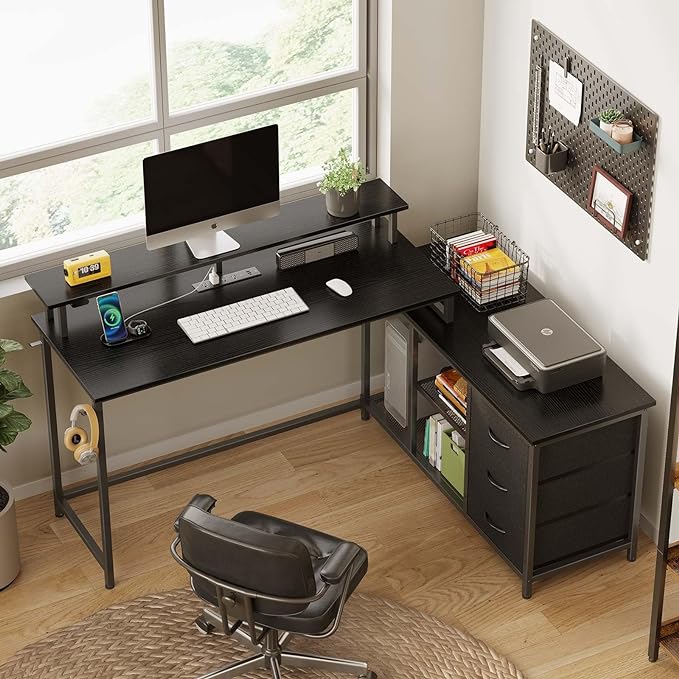 Seventable L Shaped Computer Desk with Drawers, Reversible Gaming Desk with LED Lights & Charging Port, Corner Desk with Storage Shelves & Monitor Stand for Home Office Black - LeafyLoom