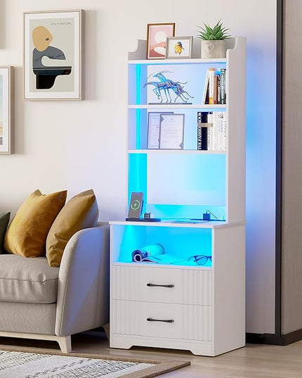 Vlsrka Nightstand Set of 2, Nightstand with Charging Station and LED Lights, Smart Night Stand with Bookshelf, Modern Bedside Tables with Storage Cabinet for Bedroom, Human Sensor Function, White - LeafyLoom