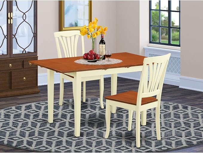East West Furniture NOAV3-WHI-W 3 Piece Kitchen Table Set for Small Spaces Contains a Rectangle Dining Room Table with Butterfly Leaf and 2 Solid Wood Seat Chairs, 32x54 Inch, Buttermilk & Cherry - LeafyLoom