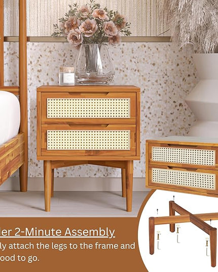 Bme Nightstand Oliver Solid Wood Rattan Side End Table, Fully Assembled, for Bohemian & Mid Century Style Bedroom and Living Room, Caramel - LeafyLoom