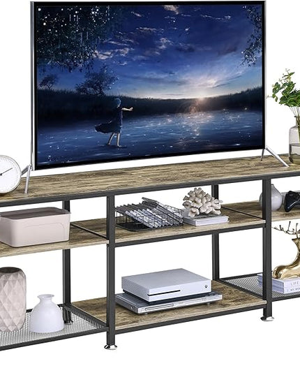VECELO TV Stand for Televisions up to 75 Inch, Industrial Entertainment Center with 3-Tier Open Storage Shelves& Hooks for Living, Bedroom and Gaming Room, 70 Inch, Grey - LeafyLoom