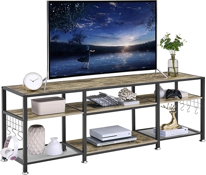 VECELO TV Stand for Televisions up to 75 Inch, Industrial Entertainment Center with 3-Tier Open Storage Shelves& Hooks for Living, Bedroom and Gaming Room, 70 Inch, Grey - LeafyLoom