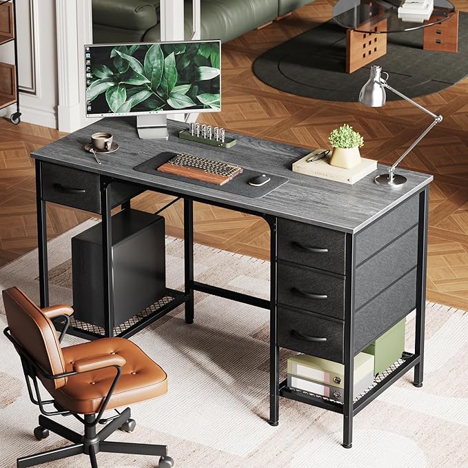 47 Inch Computer Desk with 4 Drawers, Office Desk with Mesh Shelf, Gaming Desk, Large Storage, Writing Desk Work Desk for Home Office, Study, Bedroom, Work from Home, Grey - LeafyLoom