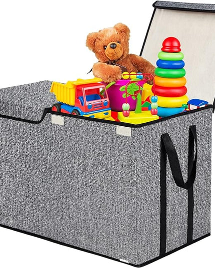 Large Kids Toy Box Chest Storage organizer with Double Flip-Top Lid - Collapsible Sturdy Toy Organizers And Storage Bins With Big Handles For Nursery, Playroom, 26.8"x13.8"x16"(Grey) - LeafyLoom