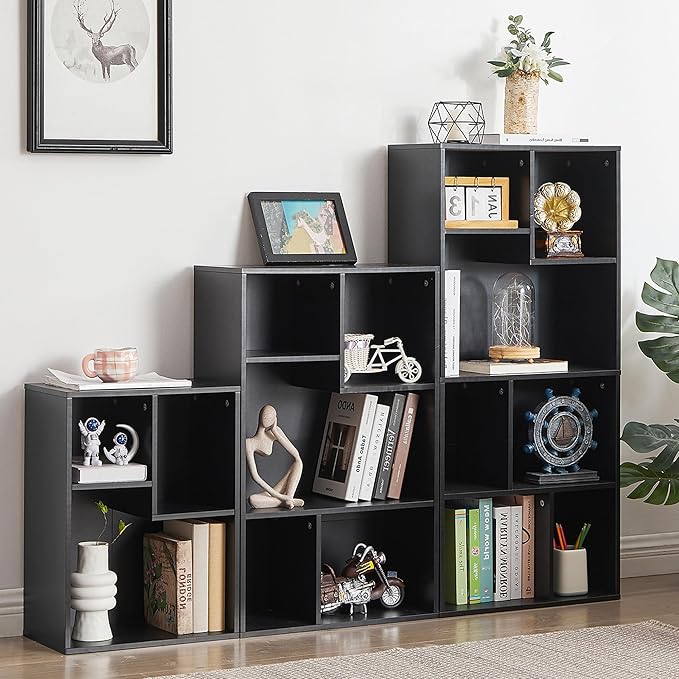 VECELO 3-Cube Bookshelf, Fits Tallest Hardcovers, Horizontal Available, Modern Bookcase, Cubby Storage Organizer for Small Space, Bedroom, Living Room,Black - LeafyLoom