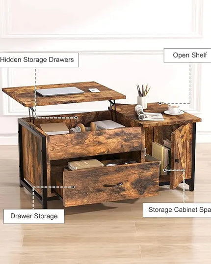 FABATO 41.7" Lift Top Coffee Table with Storage Drawer& Hidden Compartment Barn Door Cabinet Center Table Coffee Table for Living Room Farmhouse Industrial Wood (Rustic Brown2) - LeafyLoom