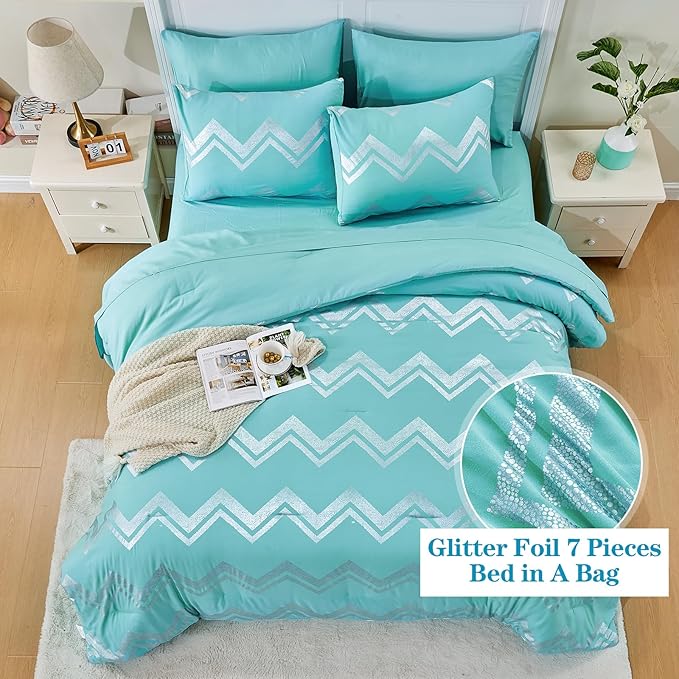 Wowelife Teal Comforter Set Queen7 Pieces Blue Glitter Metallic Bedding Set Full Teal Kids Comforter Set Breathable with Comforter, Flat Sheet, Fitted Sheet, 2 Pillow Shams and 2 Pillowcases - LeafyLoom