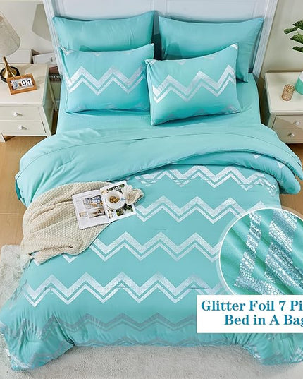 Wowelife 7 Pieces Comforter Set King Size Teal Silver Bedding Set Glitter Kids Bedding Set Blue Bed in a Bag Girls with Comforter, Flat Sheet, Fitted Sheet, 2 Pillow Shams and 2 Pillowcases - LeafyLoom