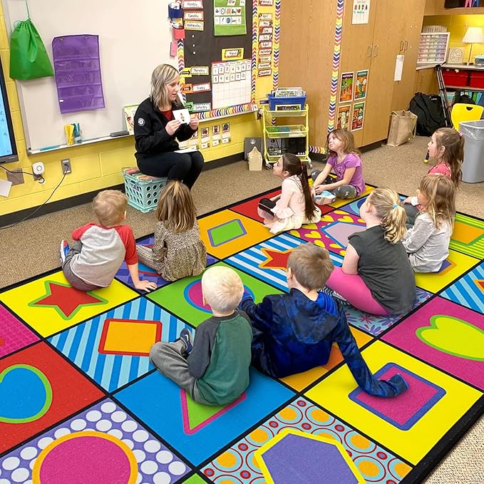 LIVEBOX Geometry Teaching Kids Rug for Classroom, Washable School Learning Area Rugs, Colorful Preschool Kids Classroom Carpet Non-Slip Playroom Mat for Home Learning,13'x7'5"(Seats-24) - LeafyLoom