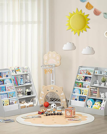 Lerliuo 4 Tier Kids Bookshelf and Storage Organizer, Five Layer Sling Children Bookcase, Baby Toddler Wooden Book Shelf, Display Cabinet for Playroom, Bedroom, Classroom, Nursery, School (Grey) - LeafyLoom