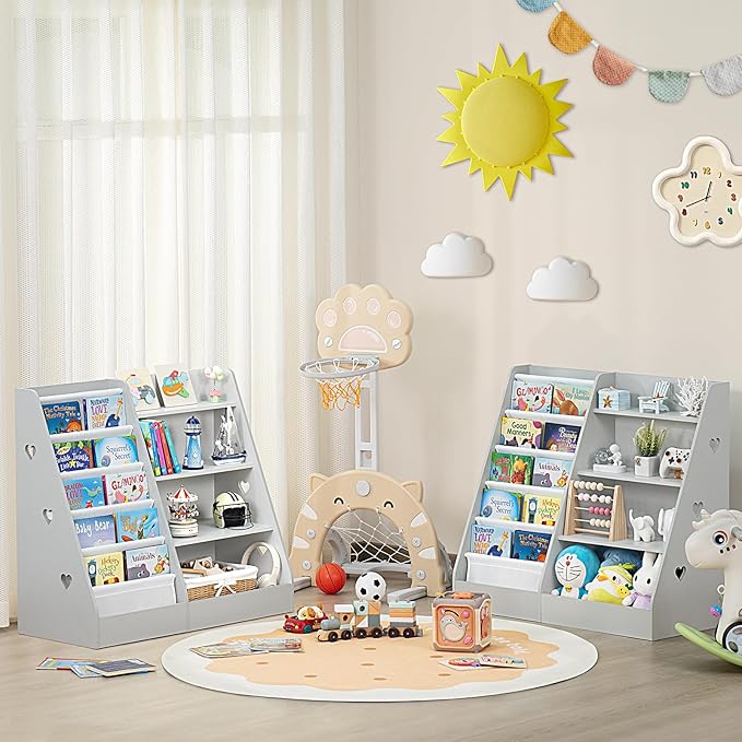 Lerliuo 4 Tier Kids Bookshelf and Storage Organizer, Five Layer Sling Children Bookcase, Baby Toddler Wooden Book Shelf, Display Cabinet for Playroom, Bedroom, Classroom, Nursery, School (Grey) - LeafyLoom