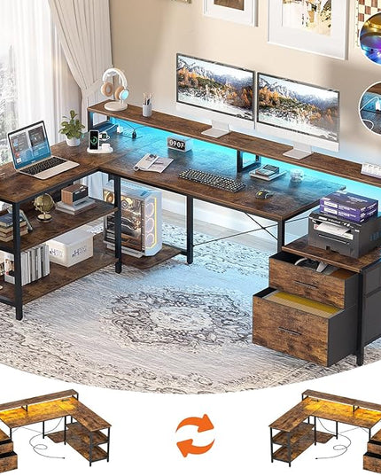 Aheaplus L Shaped Desk with File Drawer, 66" Reversible L Shaped Computer Desk with Power Outlet & LED Strip, Gaming Desk with Monitor Stand, Office Desk Corner Desk with Storage Shelf, Rustic Brown - LeafyLoom