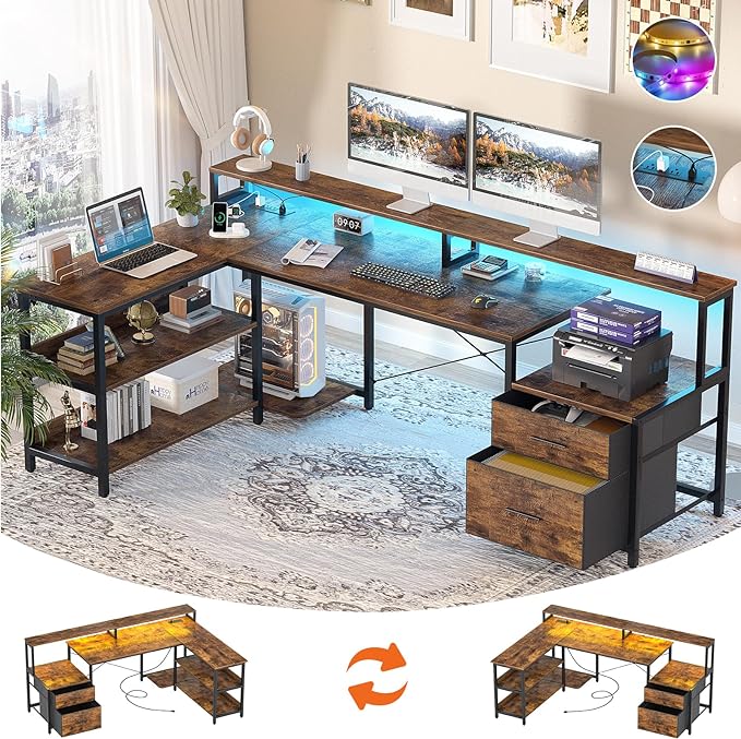 Aheaplus L Shaped Desk with File Drawer, 66" Reversible L Shaped Computer Desk with Power Outlet & LED Strip, Gaming Desk with Monitor Stand, Office Desk Corner Desk with Storage Shelf, Rustic Brown - LeafyLoom