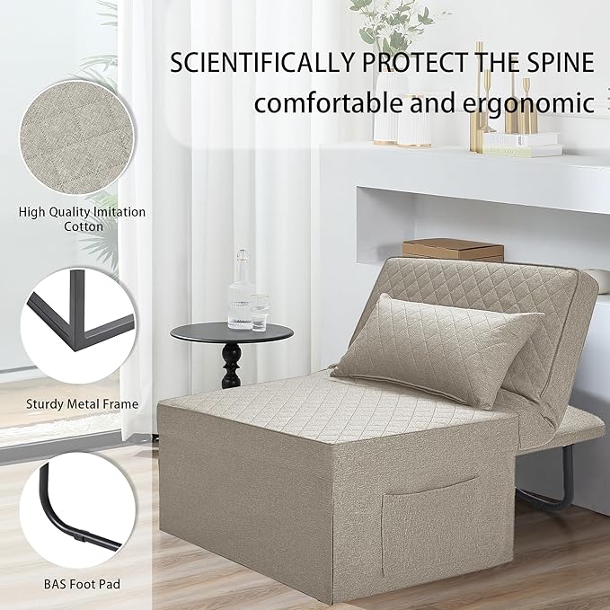 Sofa Bed, 4 in 1 Multi-Function Folding Ottoman Breathable Linen Couch Bed with Adjustable Backrest Modern Convertible Chair for Living Room Apartment Office,Squared-Linen Khaki - LeafyLoom