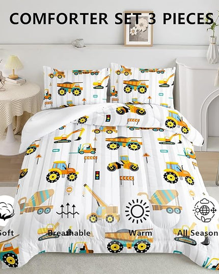 Axolotl Yellow Excavator Comforter Set Full Size,Cartoon Excavator Bedding Set,Kids Machinery Truck Comforte Set,White Stripe Bedding Vehicle Car Decor for Kids Boys Teens,1 Quilt 2 Pillowcases - LeafyLoom
