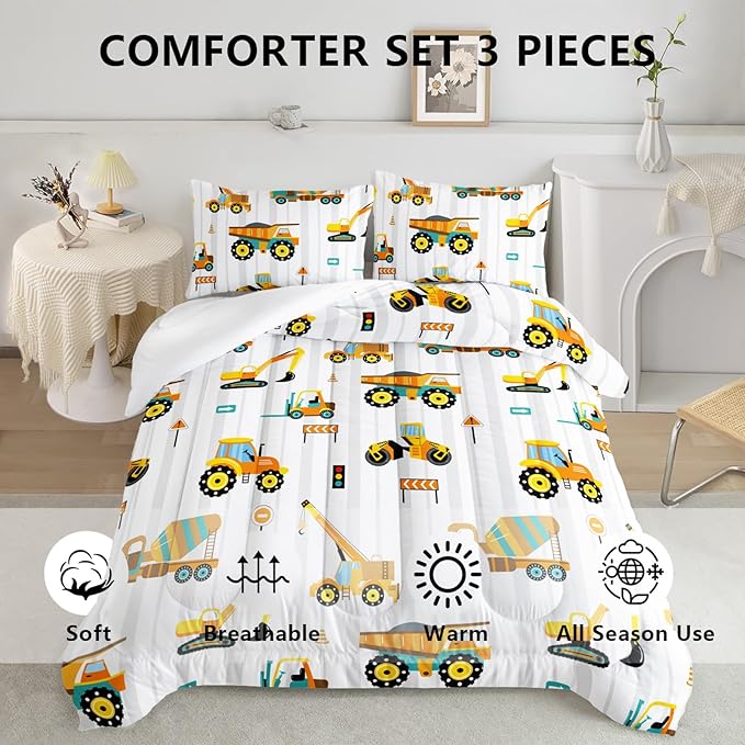 Axolotl Yellow Excavator Comforter Set Full Size,Cartoon Excavator Bedding Set,Kids Machinery Truck Comforte Set,White Stripe Bedding Vehicle Car Decor for Kids Boys Teens,1 Quilt 2 Pillowcases - LeafyLoom