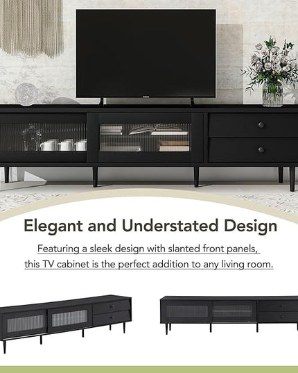 Merax Chic Elegant Design TV Stand with Sliding Fluted Glass Doors and Ample Space, Slanted Drawers Media Console for Televisions Up to 75", Modern Storage Cabinet, 70.86 inch Length, Black - LeafyLoom