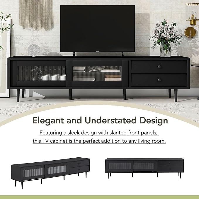 Merax Chic Elegant Design TV Stand with Sliding Fluted Glass Doors and Ample Space, Slanted Drawers Media Console for Televisions Up to 75", Modern Storage Cabinet, 70.86 inch Length, Black - LeafyLoom