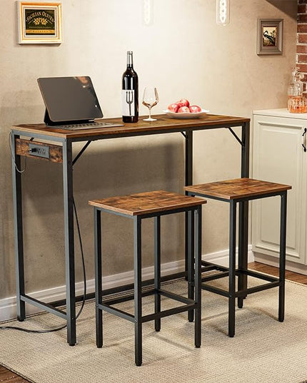 HOOBRO Bar Table Set with Power Outlet, 39.4“ Bar Table and Chairs Set, 3-Piece Pub Table Set for Small Space, Kitchen Bar Height Table with Stools of 2, Easy to Assemble, Rustic Brown BF45UBT01 - LeafyLoom
