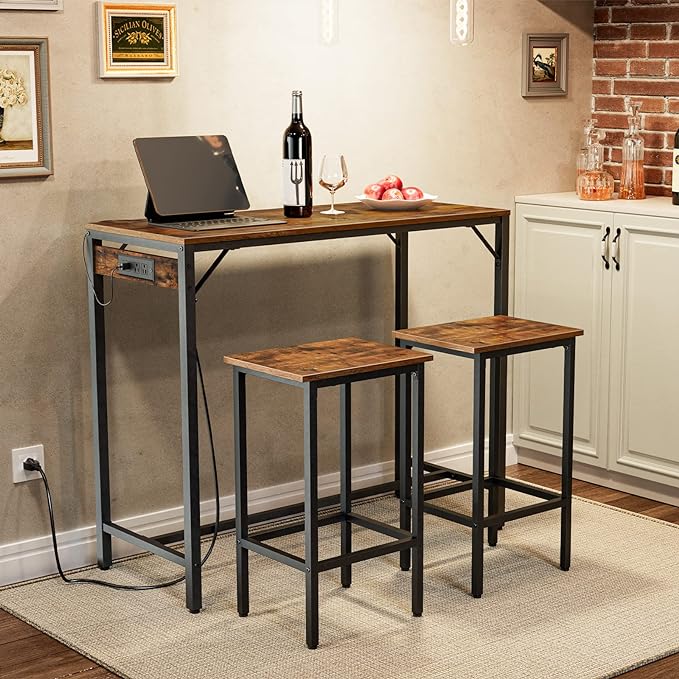 HOOBRO Bar Table Set with Power Outlet, 39.4“ Bar Table and Chairs Set, 3-Piece Pub Table Set for Small Space, Kitchen Bar Height Table with Stools of 2, Easy to Assemble, Rustic Brown BF45UBT01 - LeafyLoom