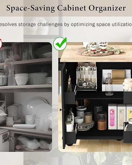 53.9" Drop Leaf, Rolling Island on Wheels w/Drawer and 3-Tier Pull Out Cabinet Organizer, Kitchen Storage Cart with Spice, Towel Rack, Black, 53.94 Inch - LeafyLoom