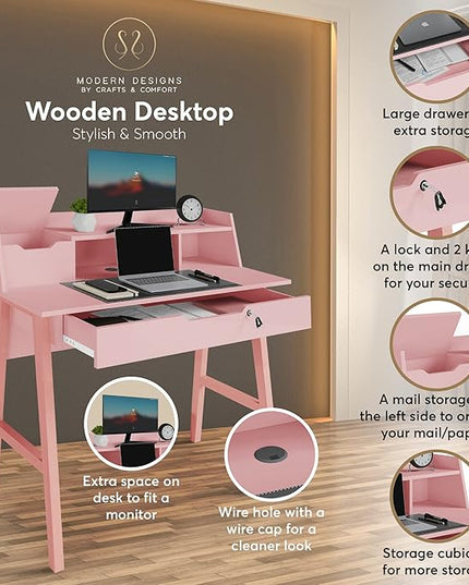 Roma Writing Desk - Elegant Wood Study Desk With Storage, Cable Holes & Drawers - Work Table for Home, Office, Dorm, Small Spaces - Compact Black Desk, 40x19x36.9” (pink) - LeafyLoom