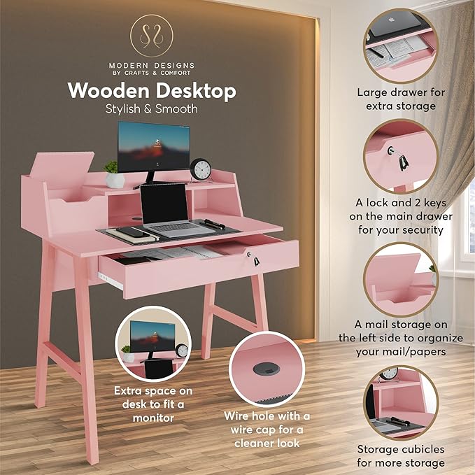 Roma Writing Desk - Elegant Wood Study Desk With Storage, Cable Holes & Drawers - Work Table for Home, Office, Dorm, Small Spaces - Compact Black Desk, 40x19x36.9” (pink) - LeafyLoom