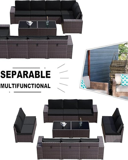 Kullavik 12PCS Outdoor Patio Furniture Set PE Wicker Rattan Sectional Sofa Patio Conversation Sets,Black - LeafyLoom