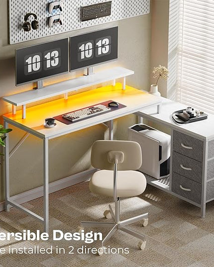 Reversible L Shaped Computer Desk with Drawers, Gaming Desk with LED Lights and Power Outlets, Office Desk with Storage Shelves, Corner Desk with Monitor Stand, for Home & Office, White - LeafyLoom