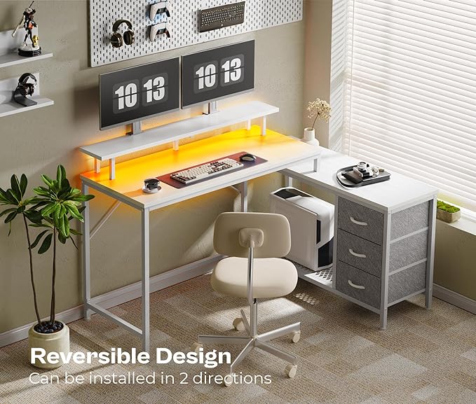 Reversible L Shaped Computer Desk with Drawers, Gaming Desk with LED Lights and Power Outlets, Office Desk with Storage Shelves, Corner Desk with Monitor Stand, for Home & Office, White - LeafyLoom