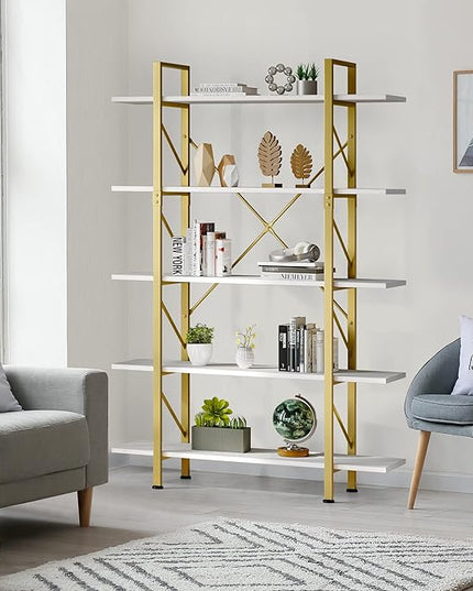 YITAHOME 5 Tier Gold Bookshelf, 70.9" Tall Modern Wide Bookcase, Open Storage Rack Shelves in Living Room/Bedroom/Home/Office, Books Holder Organizer for Books/Plants, Gold & White - LeafyLoom