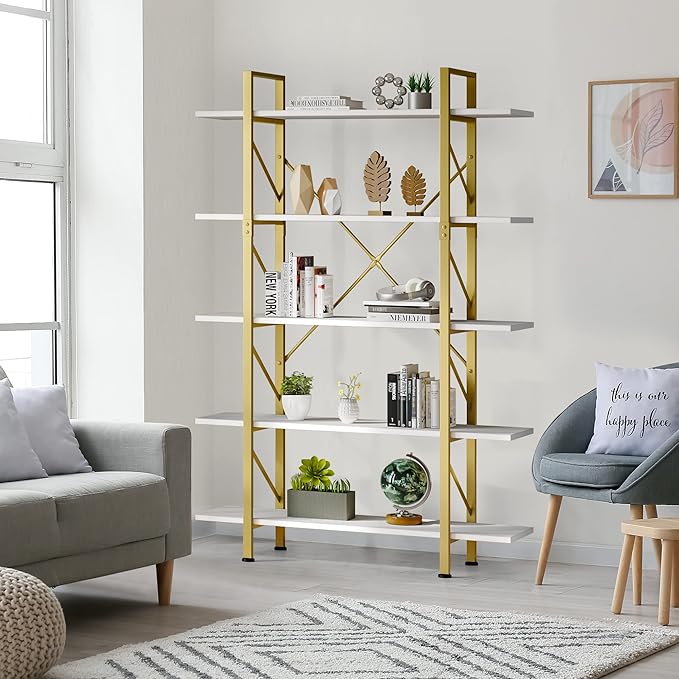 YITAHOME 5 Tier Gold Bookshelf, 70.9" Tall Modern Wide Bookcase, Open Storage Rack Shelves in Living Room/Bedroom/Home/Office, Books Holder Organizer for Books/Plants, Gold & White - LeafyLoom