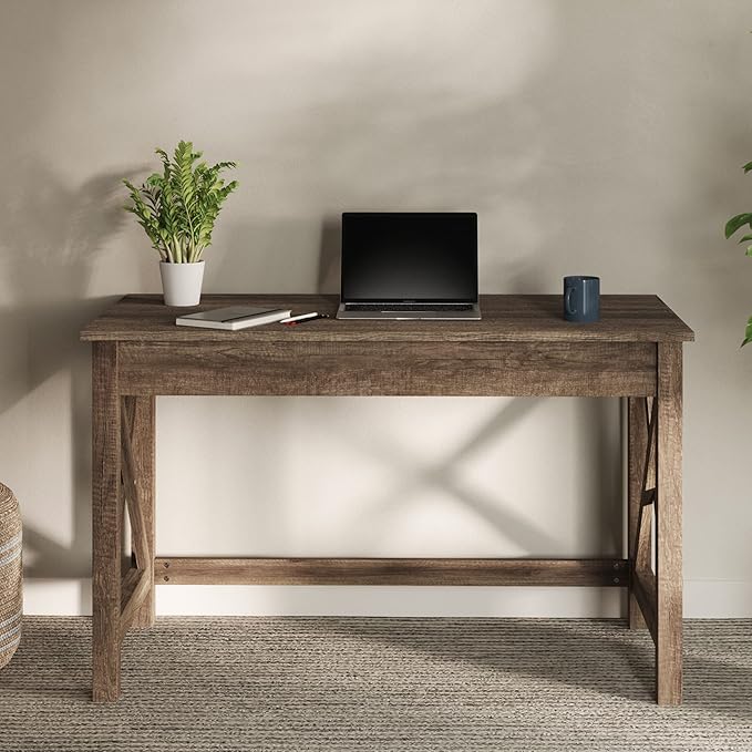 Lavish Home Writing Desk with X-Pattern Legs for Office, Bedroom, Computer, or Craft Table, 47-Inch Long, Light Tan Woodgrain - LeafyLoom