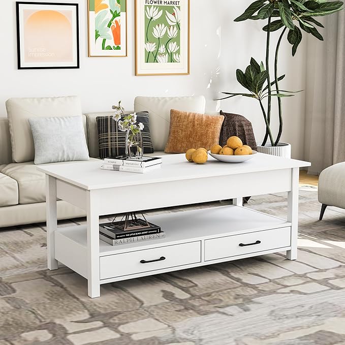 Panana Coffee Table, Lift Top Coffee Table with Hidden Compartment, 2 Drawers and 1 Open Shelf, Retro Central Wooden Table Lift Tabletop for Living Room (White) - LeafyLoom