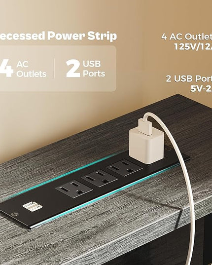 55 inch Computer Desk with 3 Drawers, Office Desk Gaming Desk with LED Lights & Power Outlets, Home Office Desks with Storage Space for Bedroom, Work from Home, Gray - LeafyLoom