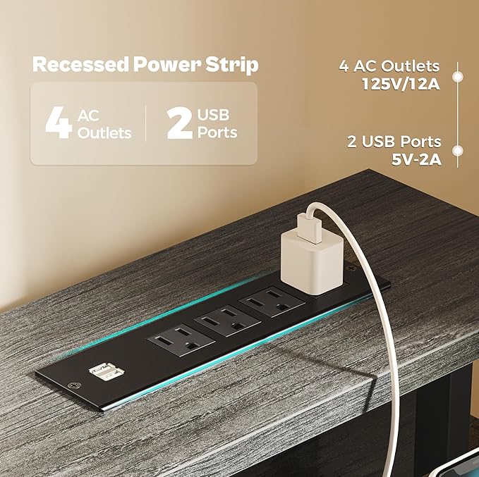 55 inch Computer Desk with 3 Drawers, Office Desk Gaming Desk with LED Lights & Power Outlets, Home Office Desks with Storage Space for Bedroom, Work from Home, Gray - LeafyLoom