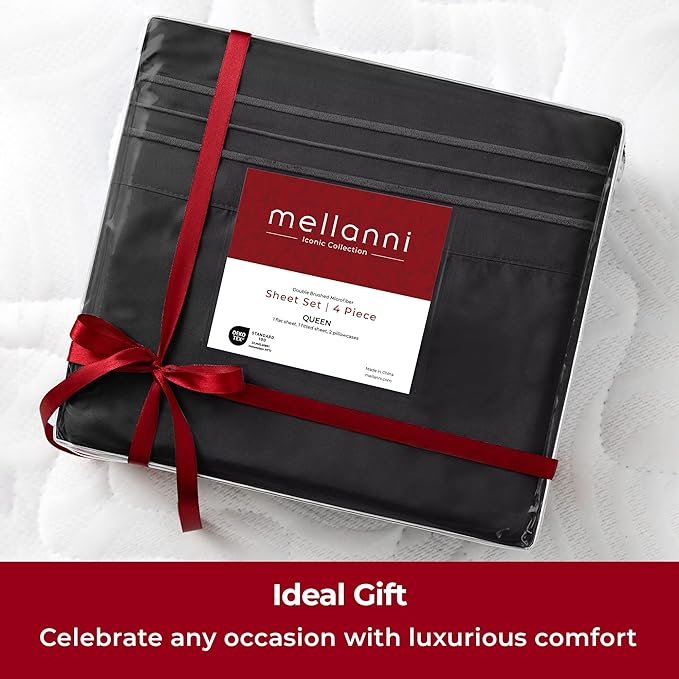 Mellanni Extra Deep Split King Sheets - 5 PC Iconic Collection Bedding Sheets & Pillowcases - Hotel Luxury, Ultra Soft, Cooling Bed Sheets - Extra Deep Pocket up to 21 inch (Split King, Black) - LeafyLoom